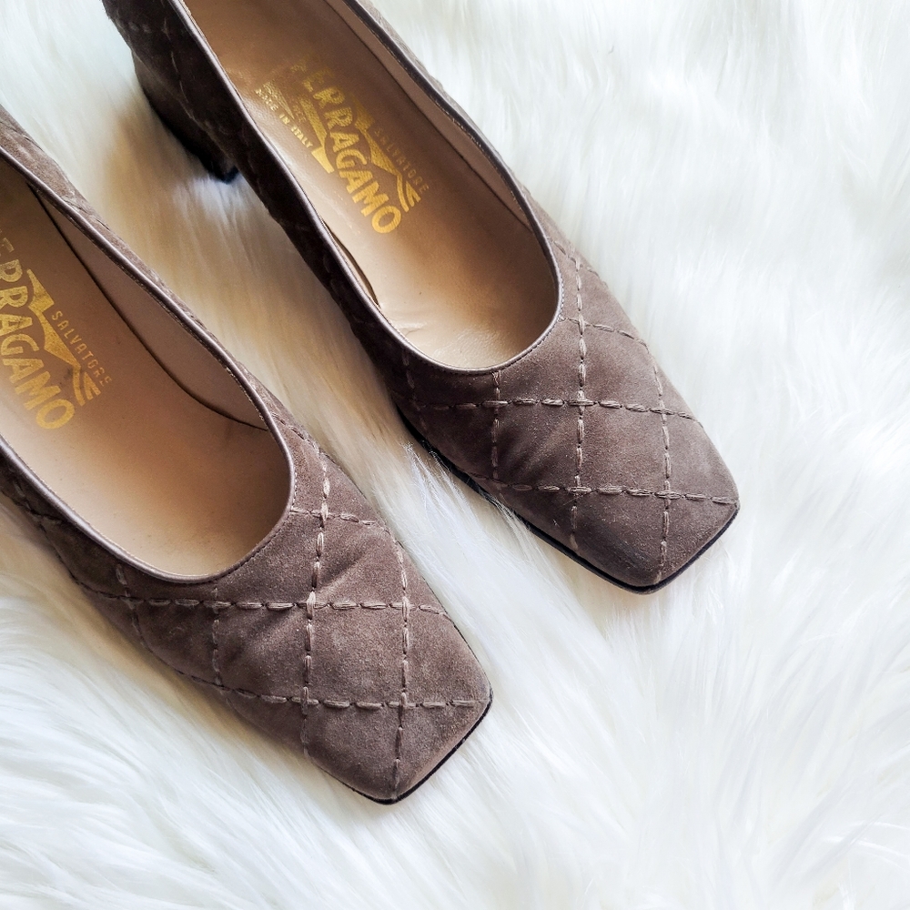 Ferragamo Suede Quilted Block Heel Pumps - Picture 2 of 10